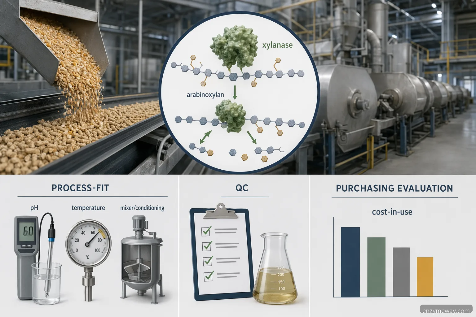 belfeed xylanase animal feed guide infographic showing enzyme action, processing controls, QC and cost-in-use