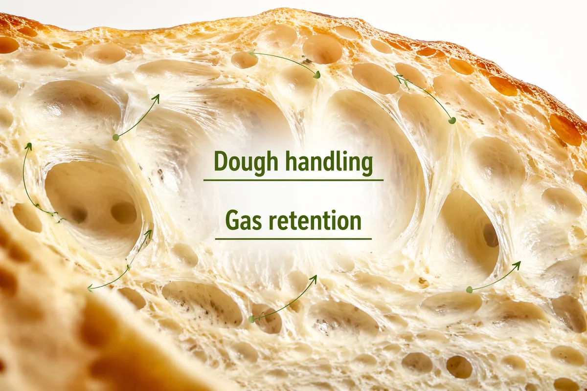 Close-up of a bread crumb with the labels Dough handling and Gas retention