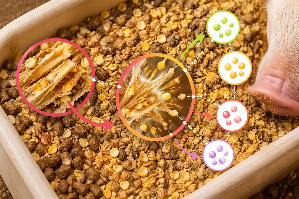 Cereal-based feed in a trough, with an inset showing plant fiber in the grain being broken down